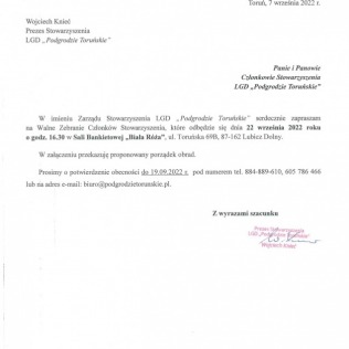 Zapraszamy na Walne Zebranie Członków Stowarzyszenia Lokalna Grupa Działania ,,Podgrodzie Toruńskie"