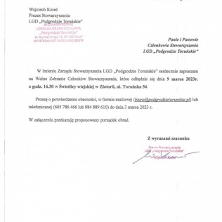 Zapraszamy na Walne Zebranie Członków Stowarzyszenia Lokalna Grupa Działania ,,Podgrodzie Toruńskie"