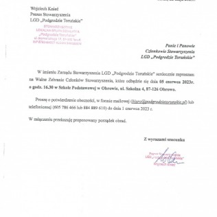 Zapraszamy na Walne Zebranie Członków Stowarzyszenia Lokalna Grupa Działania ,,Podgrodzie Toruńskie"
